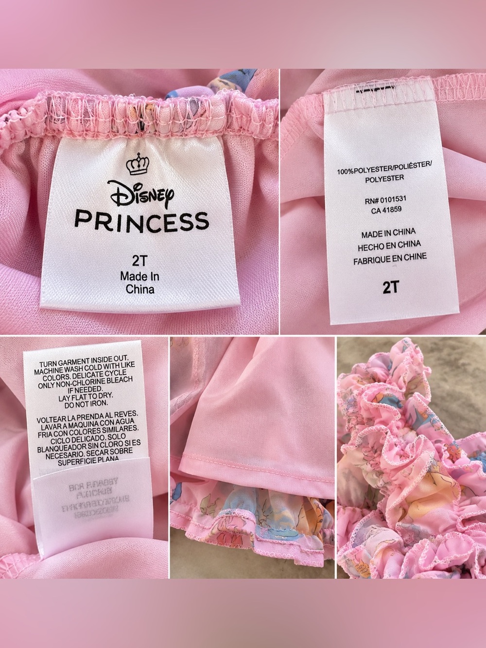 Disney Princess Girls 2T Pink Floral Ruffle Dress Belle Jasmine Cinderella - Picture 2 of 4